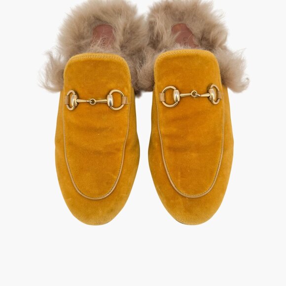 Gucci Princetown Horsebit Fur Mule EU 37 US 7 Gold Velvet Loafer Yellow Shoe - Picture 3 of 12